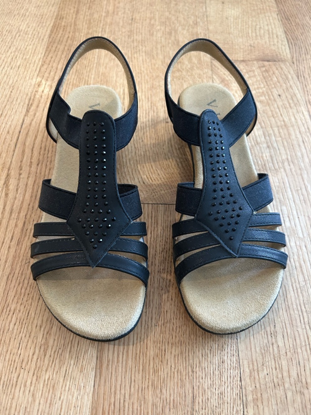 VJH Confort Black Strappy Slingback Sandals with Studded T-Bar